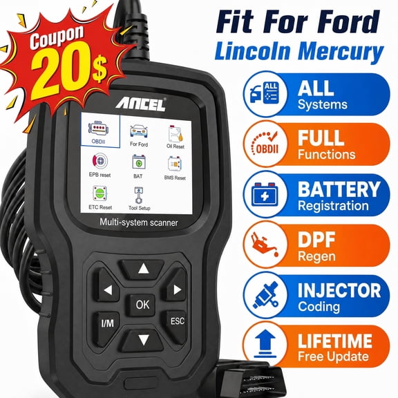 ANCEL FD700 Full System OBD2 Scanner Fits for Ford Lincoln Mercury Vehicles All Functions Automotive Disgnostic Scan Tool with Battery Registration