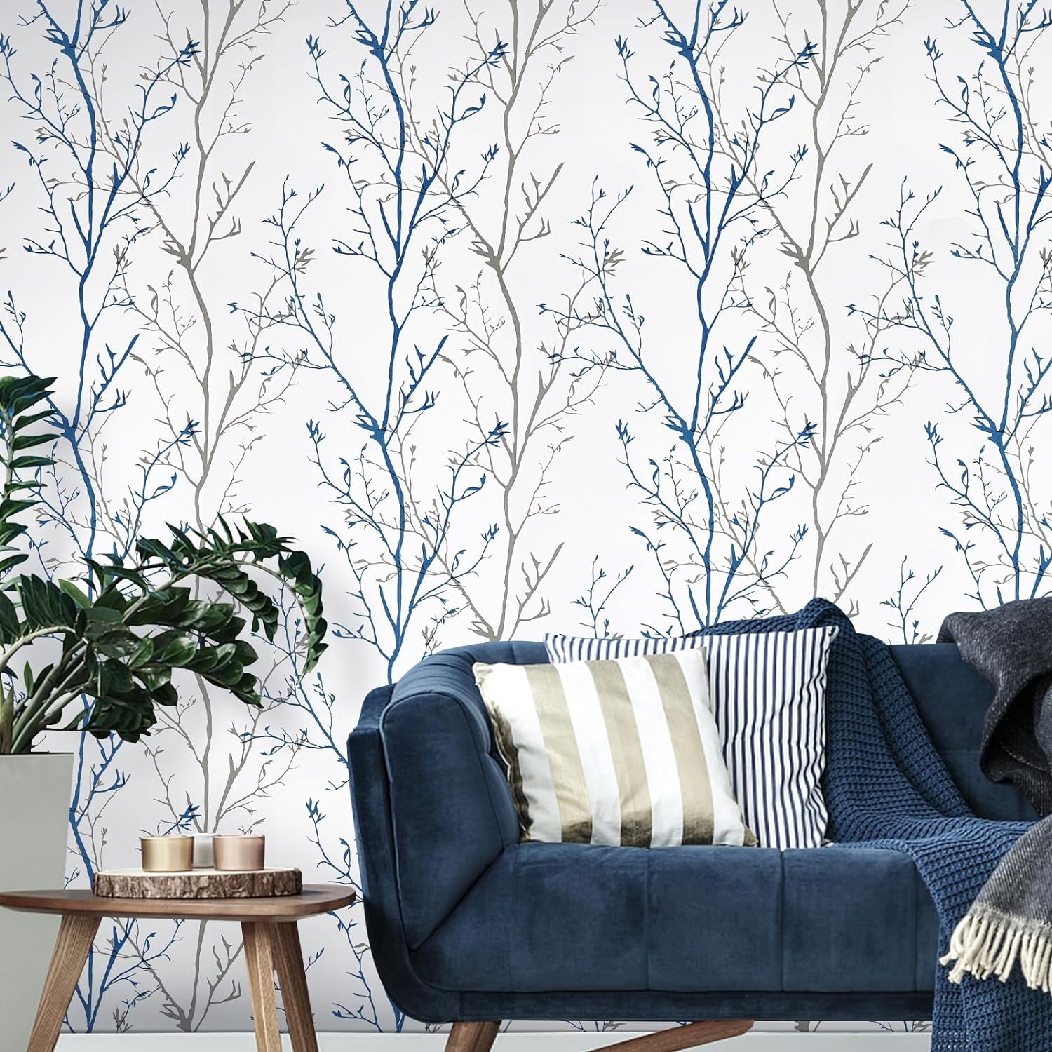 DAZLUTE Gray Blue, Branches Peel and Stick Wallpaper 17.71" x 1181"