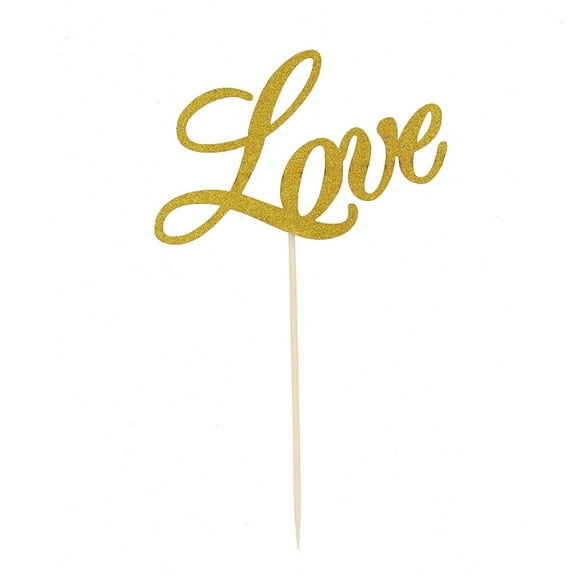 O'Creme Script Glittery Gold-Colored Love Cake Topper with Separate Stick