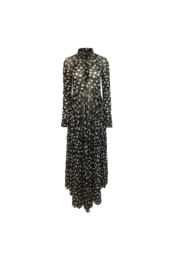Pre-Owned Jil Sander Floral Print Maxi Shirt Dress in Black Polyamide