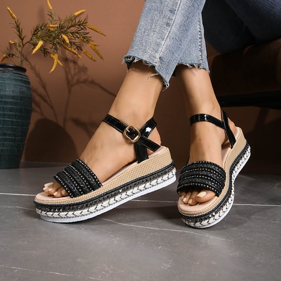Viluyesy Womens Platform Sandals, Buckle Strap Wide Width Open Toe Summer Comfortable Fashion Shoes Black US6.5