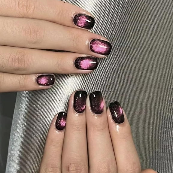 Square Press on Nails Short Squoval Fake Nails Glossy Glue on Chrome Nails Cat Eye Acrylic Nails Bling Artificial Nails Rose Pink Purple Starry Sky Stick on False Nails with Designs 24 pcs