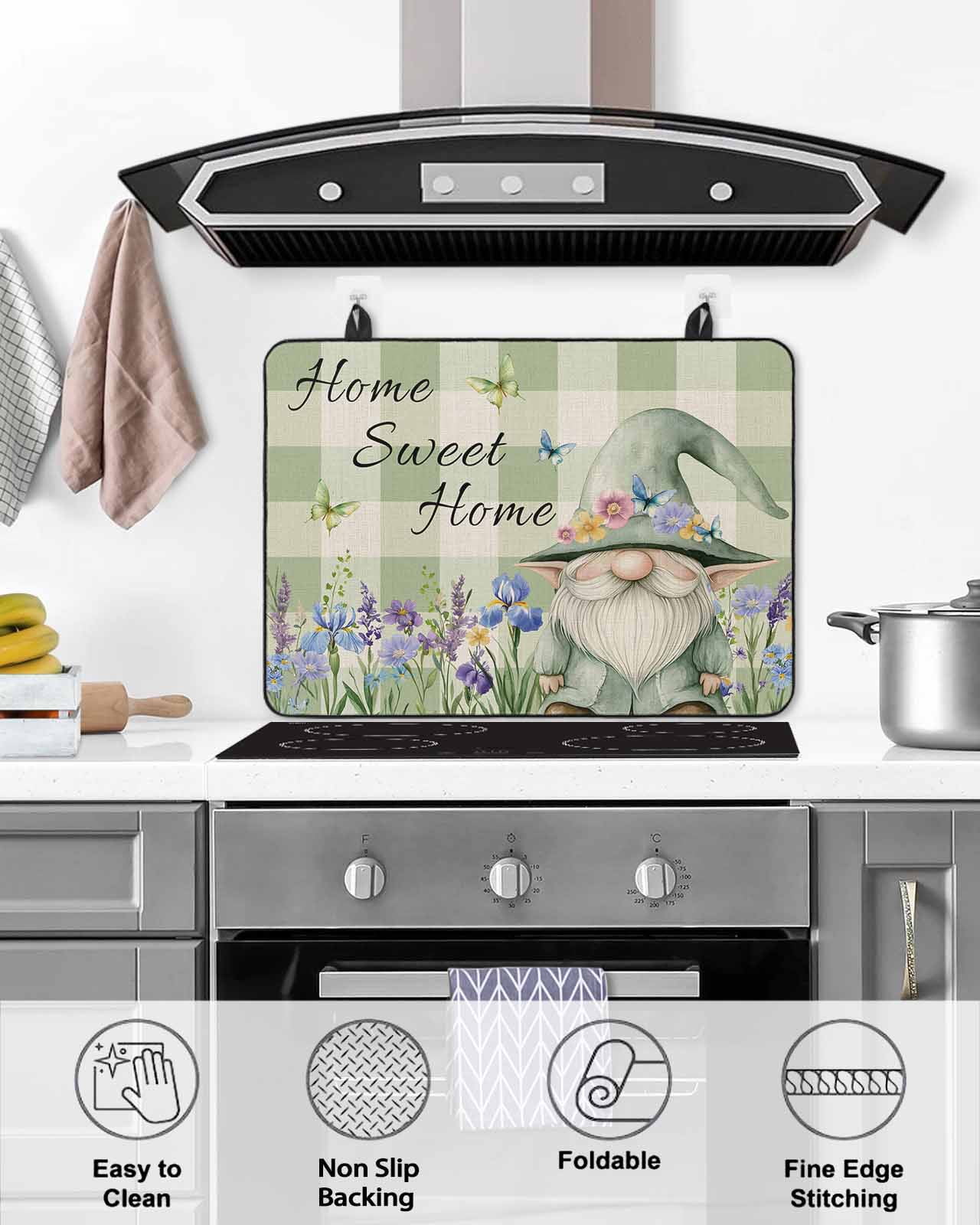 nqOlkjepod Large Induction Cooktop Protector Mat 31"x24", Rustic Gnome Stove Top Covers for Electric Stove, Spring Flowers Butterfly Green Check Stove Burner Cover Mats, Glass Top Stove Cover