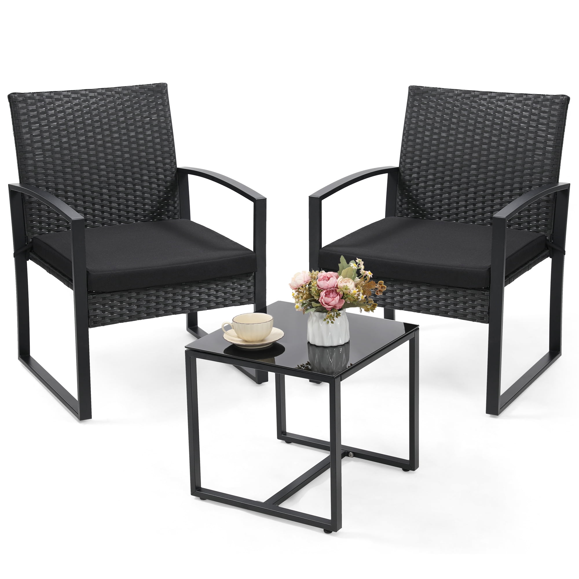 LOGYAT 3 Piece Wicker Patio Bistro Set, All-Weather Rattan Conversation Set with Glass Top Coffee Table, Perfect for Balcony, Porch, Poolside, Black Frame with Black Cushion