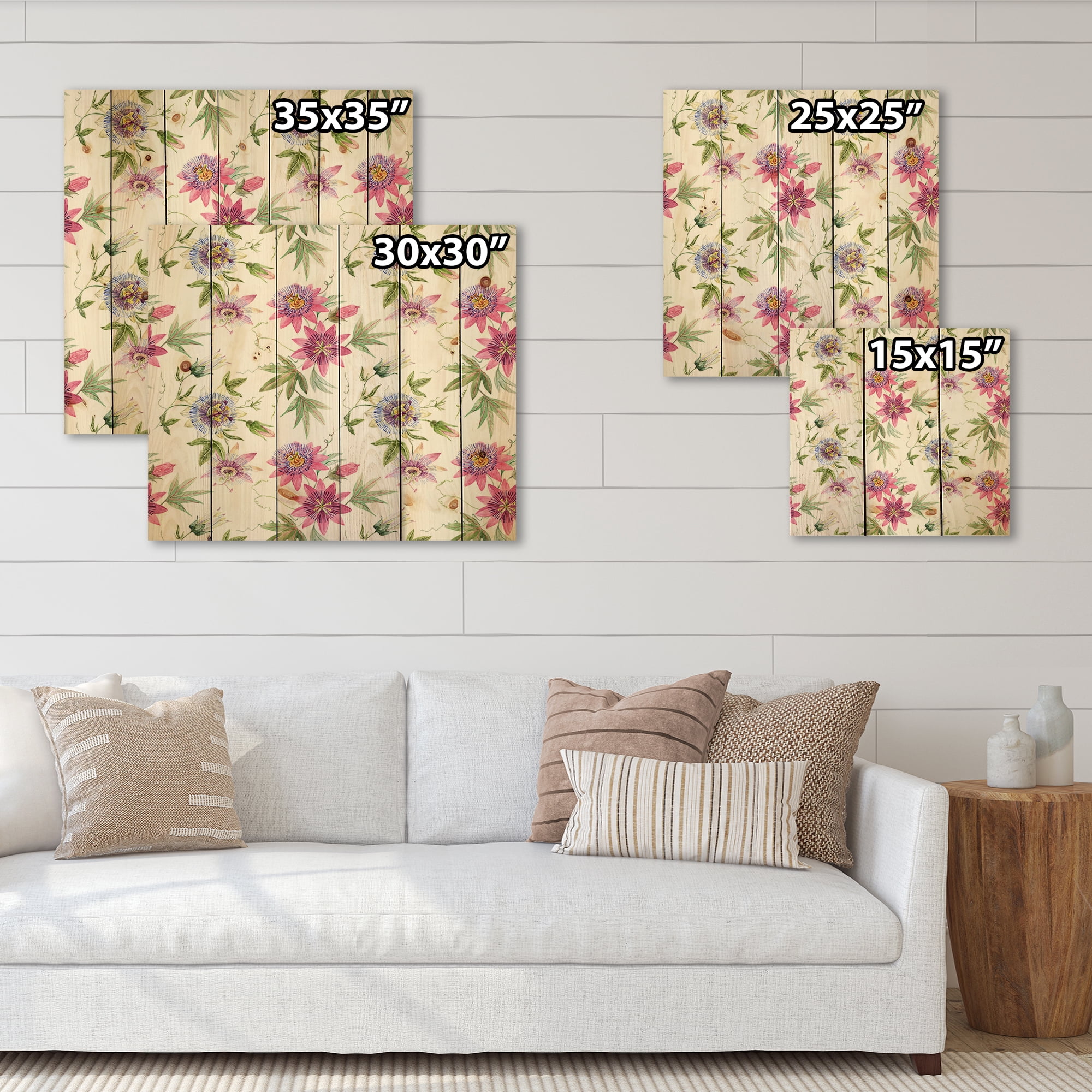 Designart 'Pink Passionflower Flowers and Petals' Traditional Print on Natural Pine Wood