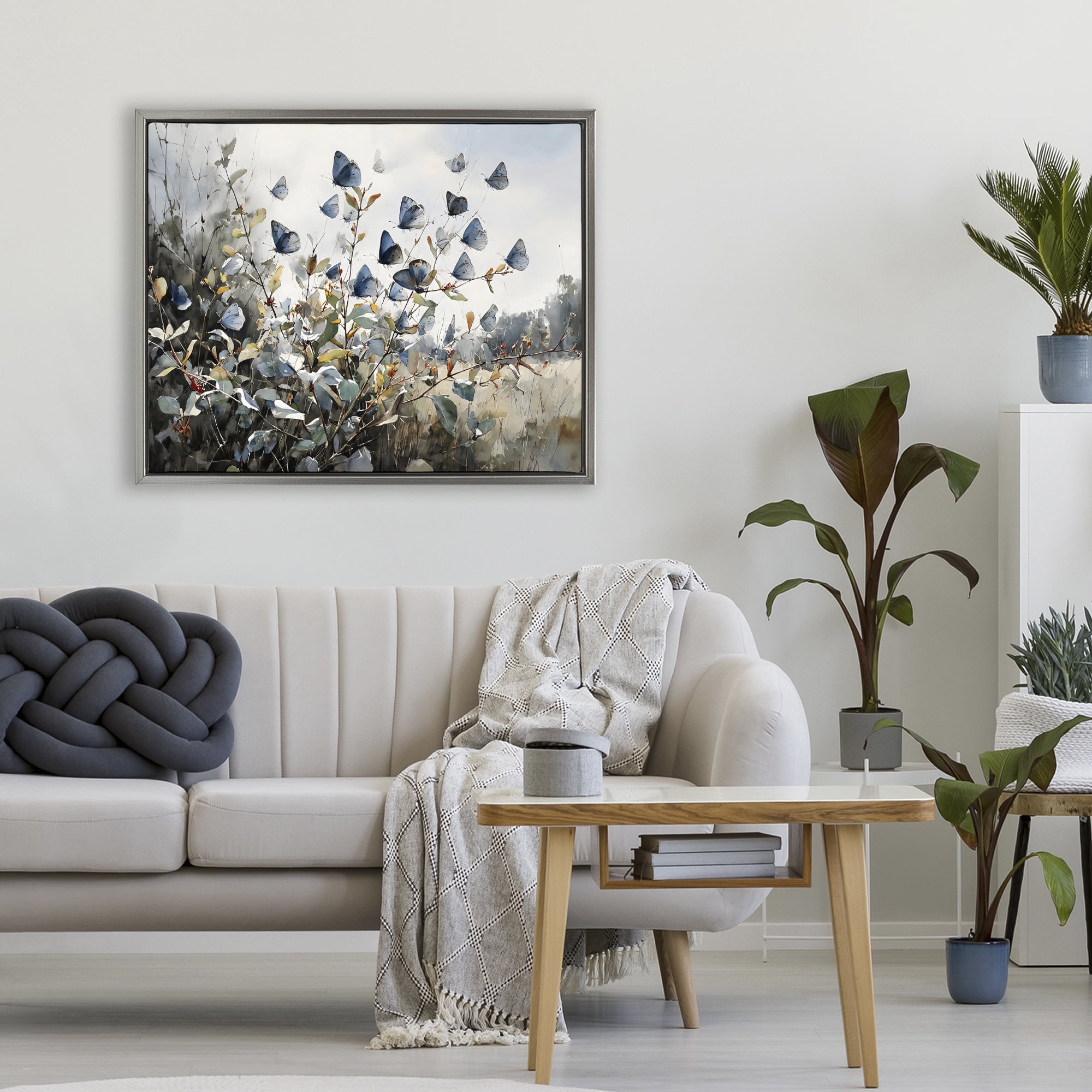 Stupell Industries Blue Butterflies Among Meadow Leaves Gray Framed Floater Canvas Wall Art, design by Franklyn Gregory