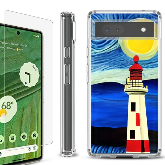 Shockproof Bumper Phone Case for Google Pixel 6a, with Tempered Glass Screen Protector, by OneToughShield ® - Starry Night Lighthouse