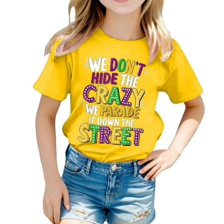 XEGLSBU Girls Shirts Size 10-12 Cute Girls Casual Printed Round Neck Short Sleeved Shirt T Shirt Casual Shirt Yellow Size 8-9 Years