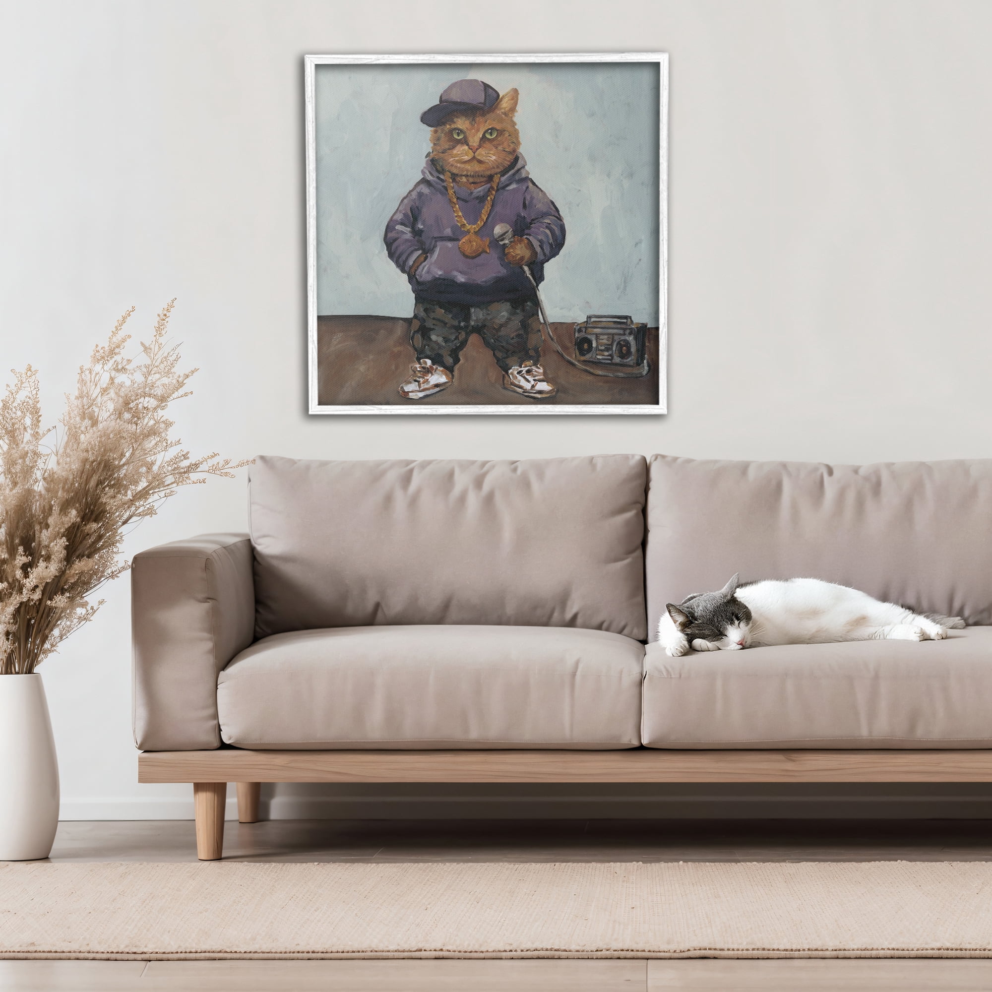 Stupell Industries Urban Hip-Hop Cat White Framed Giclee Art, design by Studio Bautista