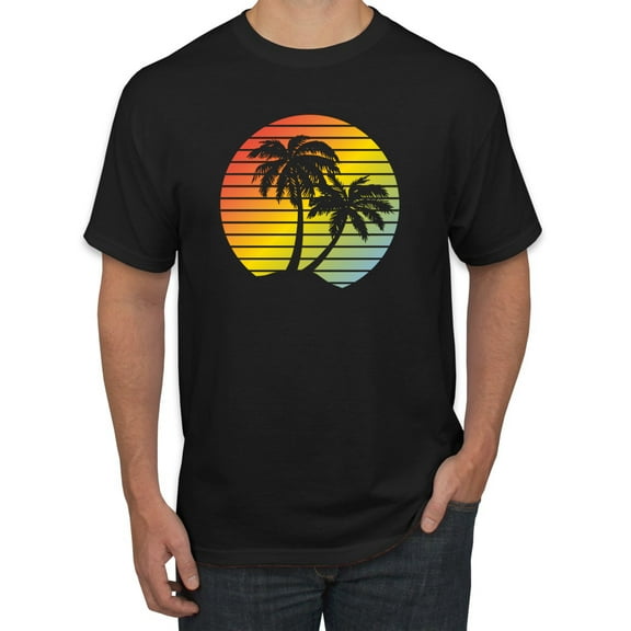 Two Coconut Palm Trees Beach Sunset | Mens Pop Culture Graphic T-Shirt, Black, Small