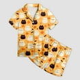 thumbnail image 4 of Caqnni Satin Pajamas Set for Girl Halloween Skeleton Pumpkin Print Pjs 2 Piece Short Sleeve Button-Down Shirt with Shorts Girls Halloween Pajamas Sets (6-7 Years,Yellow), 4 of 5