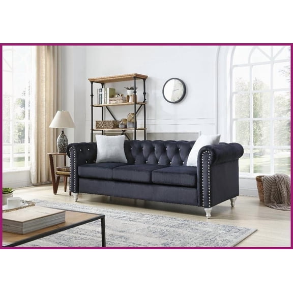 Raisa Black Micro Suede Velvet Sofa with Faux Jeweled Tufting – Classic Living Room Accent