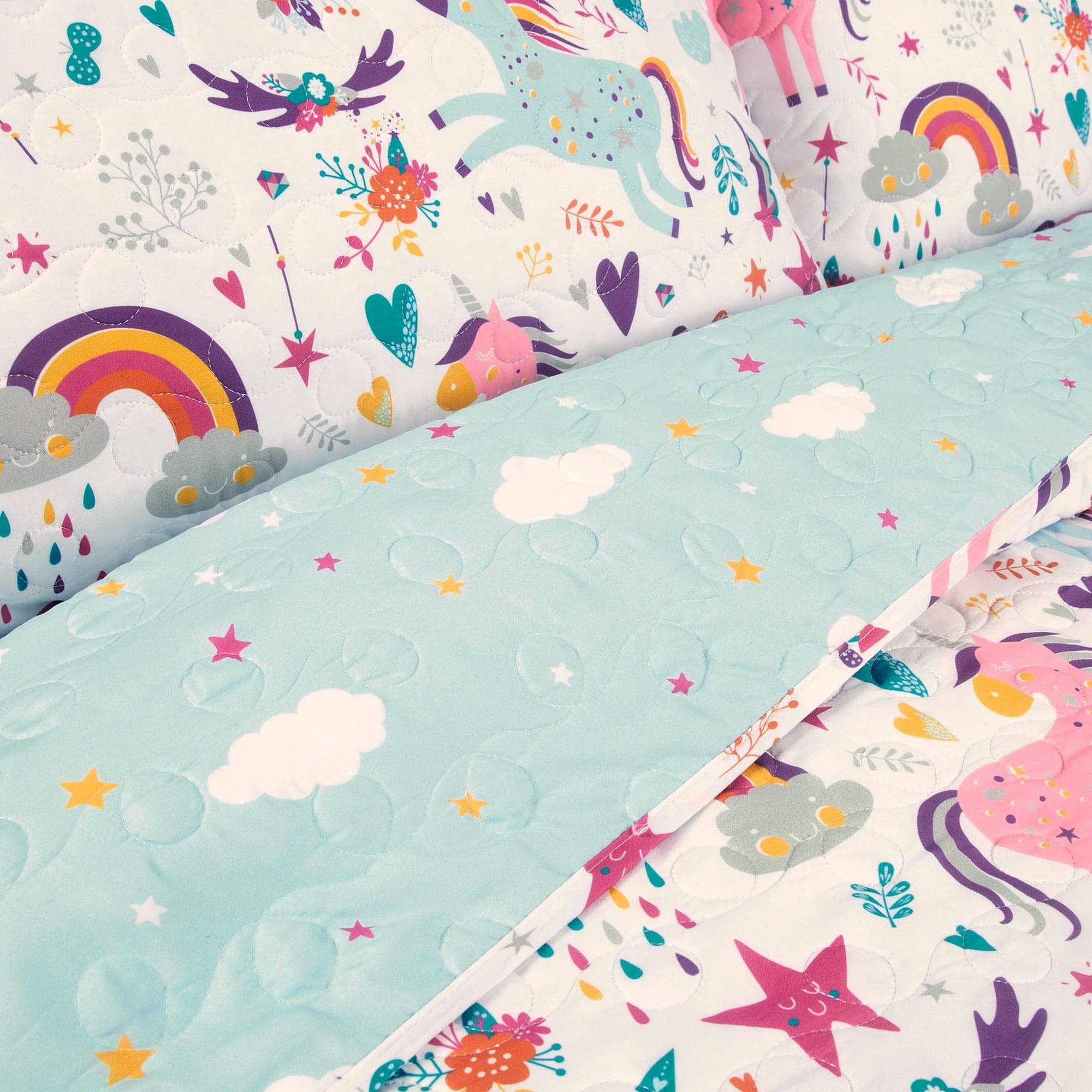 Lush Decor Unicorn Heart Kids Animal Print Reversible Quilt, Twin, White/Multi, 4-Pc Set