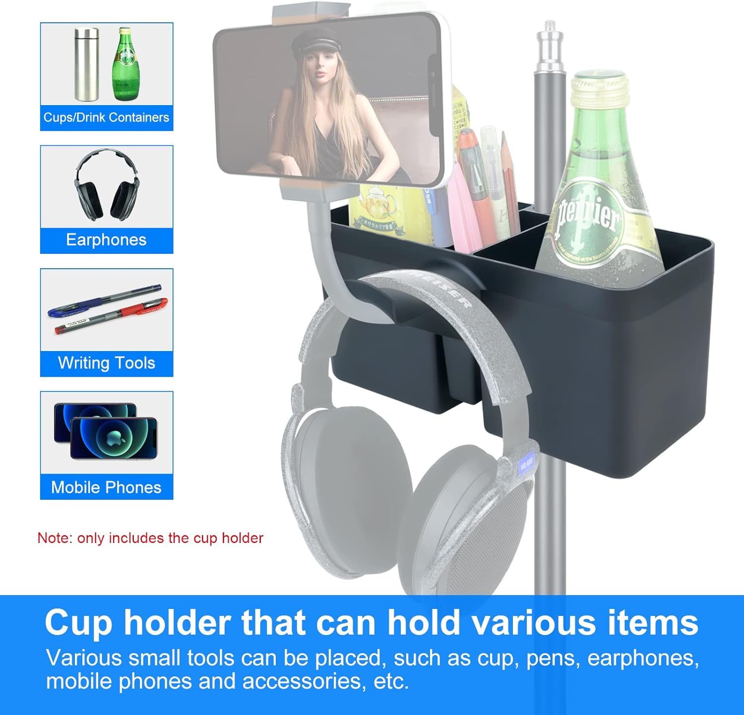 LINCO Universal Microphone Stand with Two Cup Holders, Mic Stand Clamp On Drink Holder, Organizer for Music Concert, Live Streaming, Live Broadcast, Karaoke, Recording –TD610