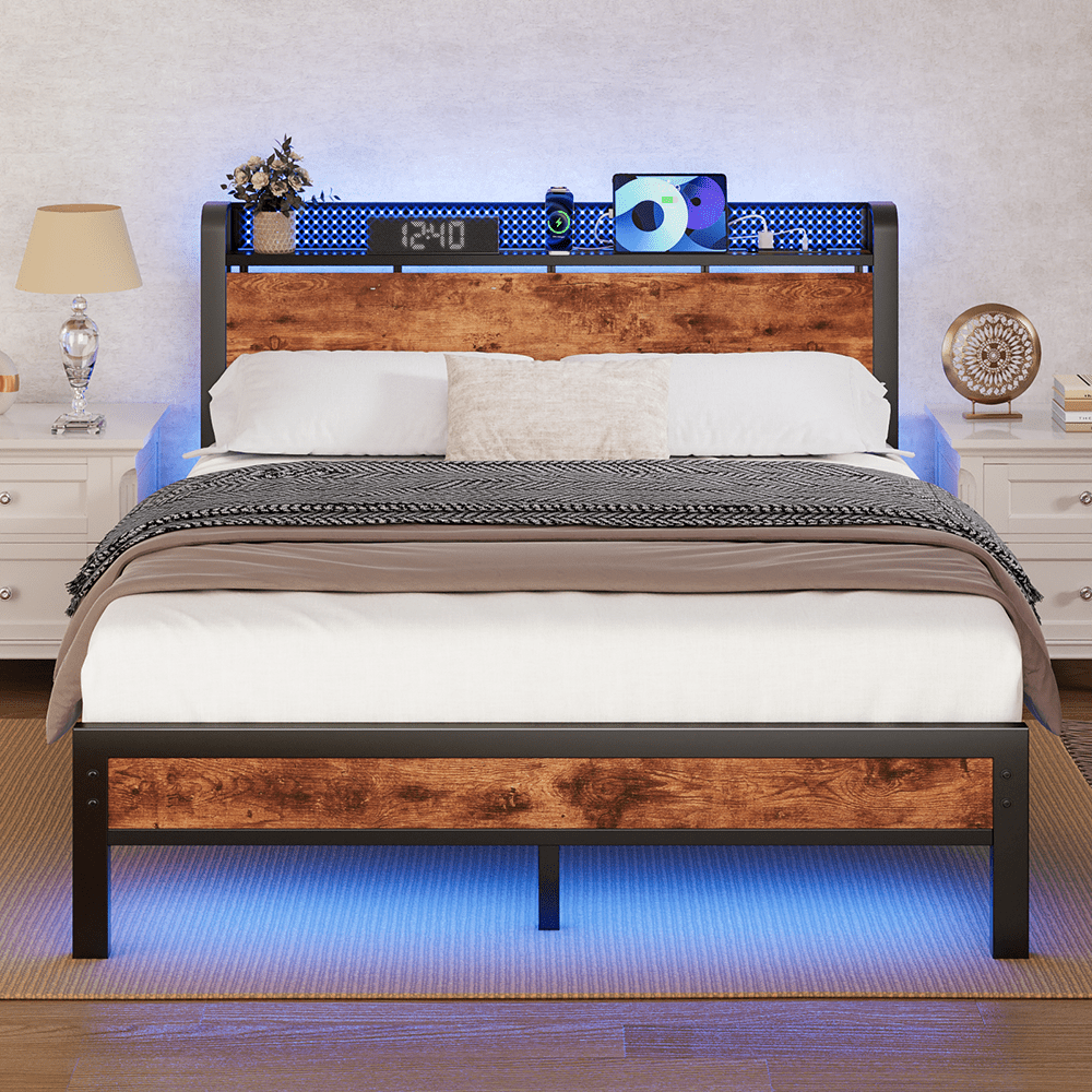 Satifur LED Bed Frame Queen Size with Charging Station, Platform Metal Bed Frame with Storage Headboard, No Box Spring Needed, Noise-Free