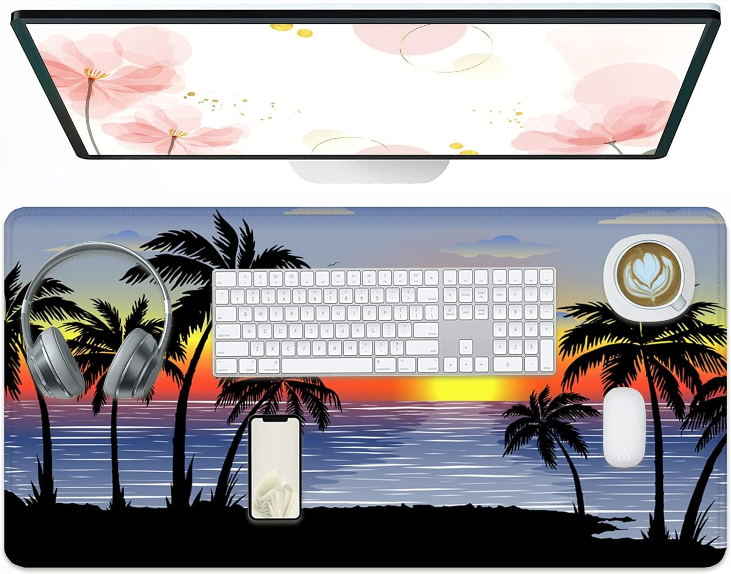 Tropical Palm Large Mouse Pad Desk Pad, Tropical Palm Trees Sunset Gaming Mouse Pad,Computer Desk Mat Keyboard with Non Slip Base for Home Office,Extended Large Size 31.5" X 15.7"