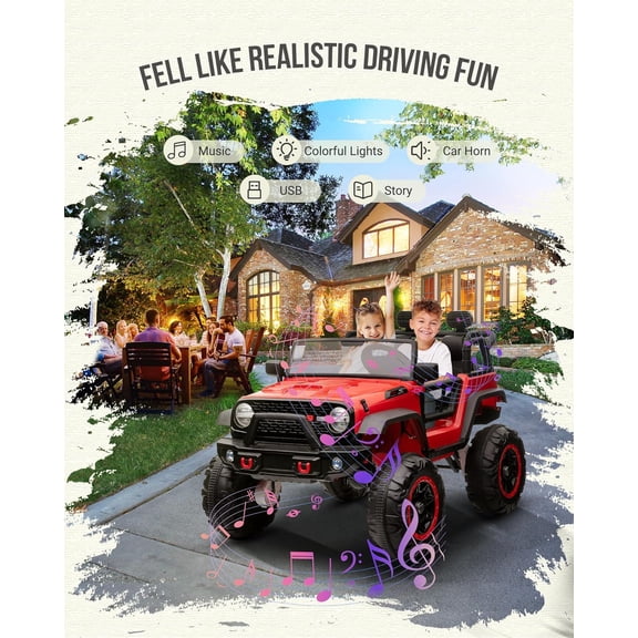 Geetinfly 24V 2-Seater Ride-On Truck with Remote Control,4 Motors 7Ah Battery Led Lights Music High Low Speeds USB Port,Suitable for 3 Years,Red