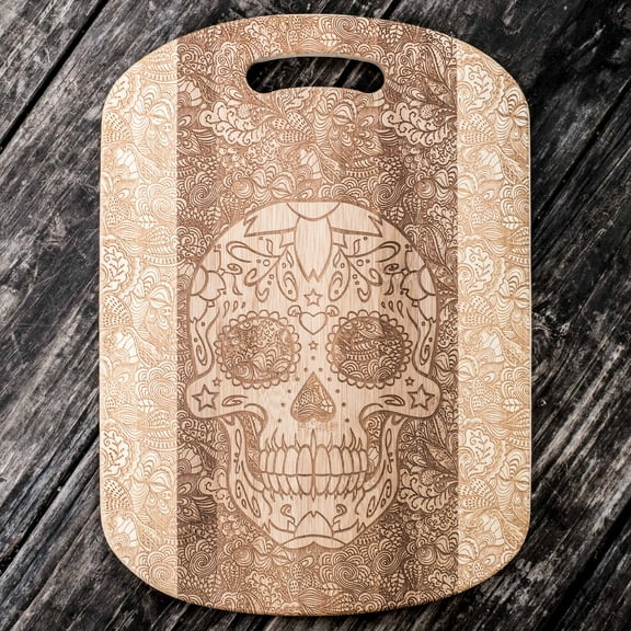 Hip Flask Plus Bamboo Sugar Skull Cutting Board (14''x9.5''x.5'')