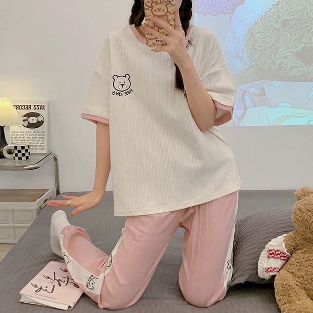 Pijamas finos de verano para mujer, pantalones holgados informales de manga corta, traje de verano para exteriores, ropa de algodón para el hogar