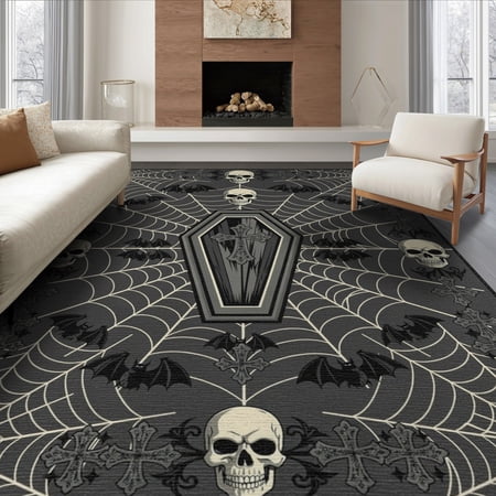 ODIKA Spiderweb Skull Coffin Bat Cross Symmetrical Halloween Design Gothic Flowing for Queen Size Bedroom Under Bed Master Foldable Easy Care
