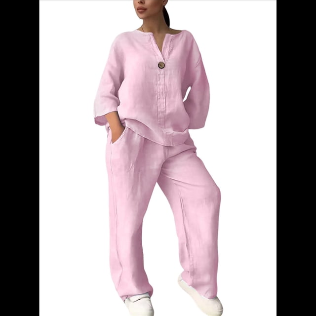 Conjunto de 2 Piezas de y Algodón para Mujer, con Cuello en V, Camisa de Larga Abotonada y Pantalón con Bolsillos Rosa 5XL