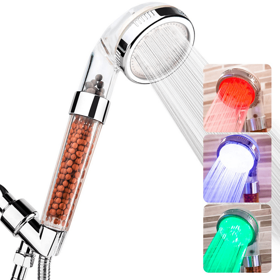 imtfzct LED Shower Head with Hose and Bracket, High Pressure Detachable Filtration Stone Beads Handheld Filter Showerhead 3 Color Changing with Water Temperature Shower for Skin Spa