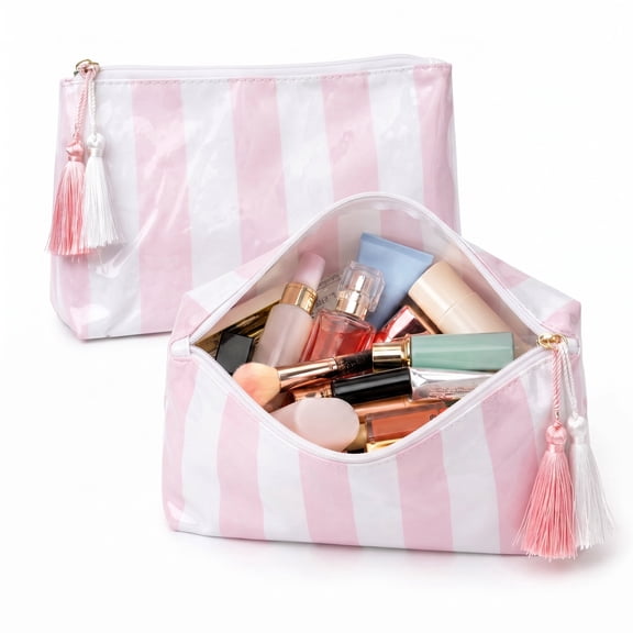Pink White Striped Makeup Bag, Glossy Cosmetic Pouch, Easy Clean Travel Toiletry Bag with Zipper and Tassel Pulls