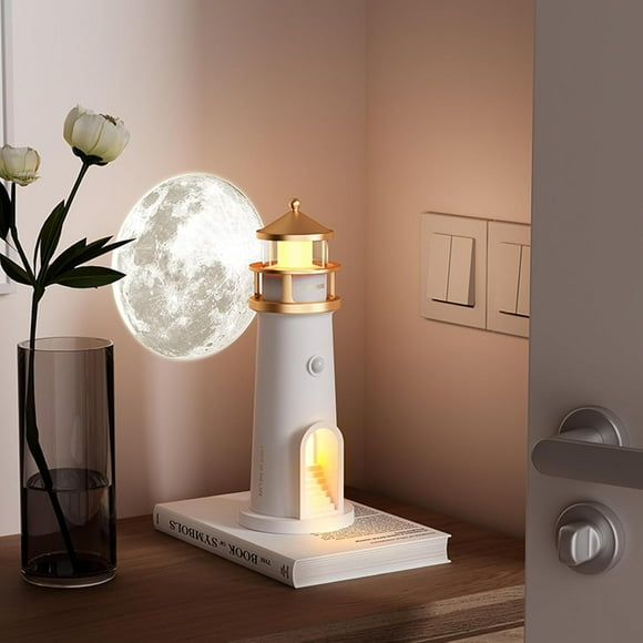 ERDS-Lighthouse Night Light Cute Lighthouse Lamp with Moon Projection & Motion Sensor Lights Indoor Wireless Table Lamp for Room Decor Rechargeable Led Moon Lamp Projector Gifts for Boys Girls