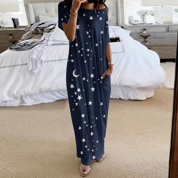 Nightgowns For Womens Daily Short Sleeve Stars Print Casual Inclined Shoulder Maxi Sleep Dress Blue