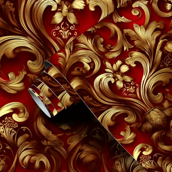 Red Burgundy Damask Wallpaper - 17.3"x118" Peel and Stick Luxury Vinyl, Waterproof 3D Floral Marble-like