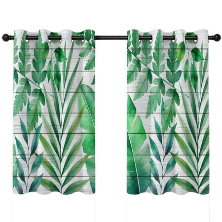 Tropical Foliage Blackout Curtains 45 Inches Long Summer Green Palm Banana Leaves Wood Grain Thermal Insulated Room Darkening Drapes with Grommets for Living Room 42 W x 45 L 2 Panels