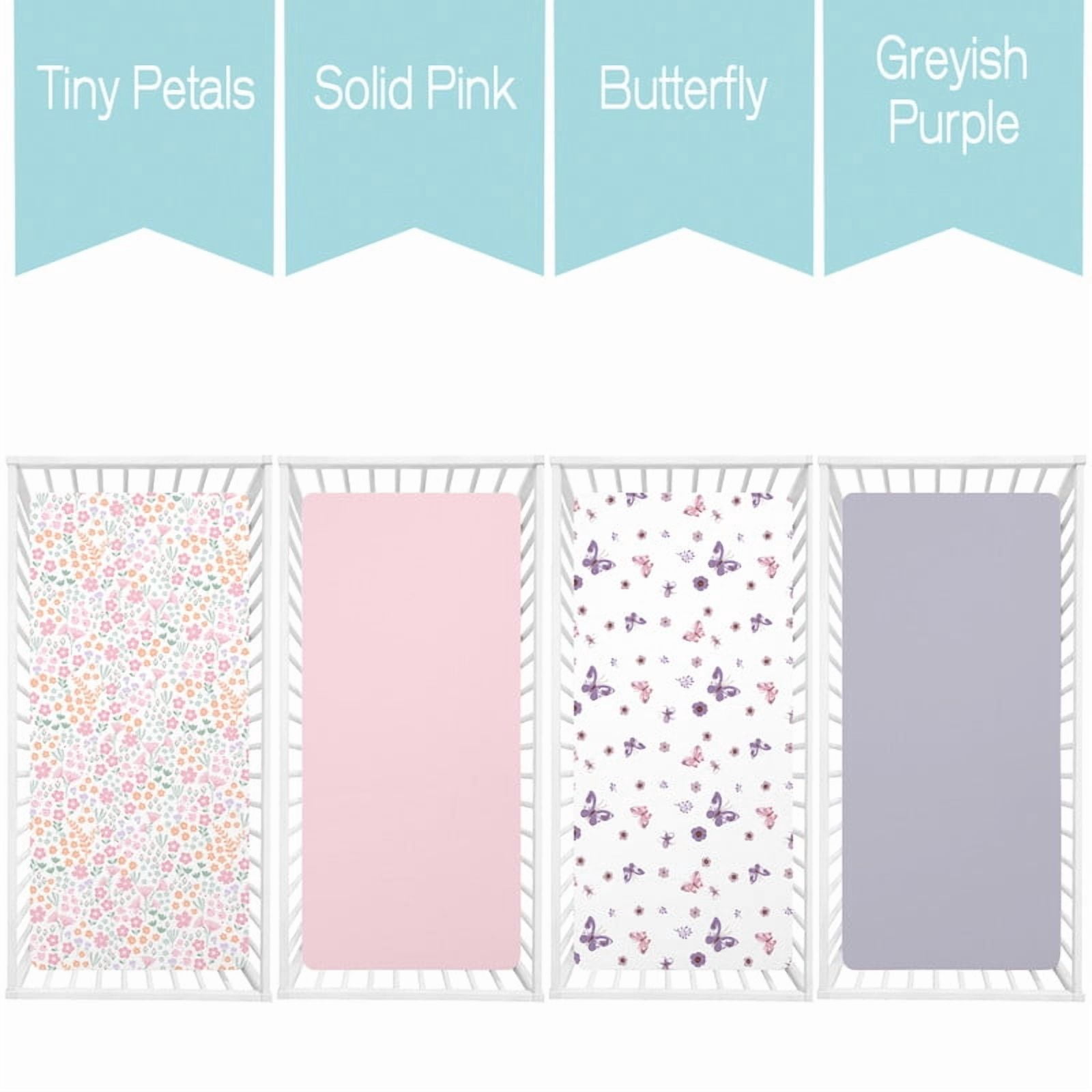 Little Grape Land Crib Sheets for Baby Girls 4 Pack, 28"x 52" Extra Soft Microfiber Crib Sheet Set for Standard Crib & Toddler Mattress Pad, Tiny Petals & Pink & Butterfly & greyish purple