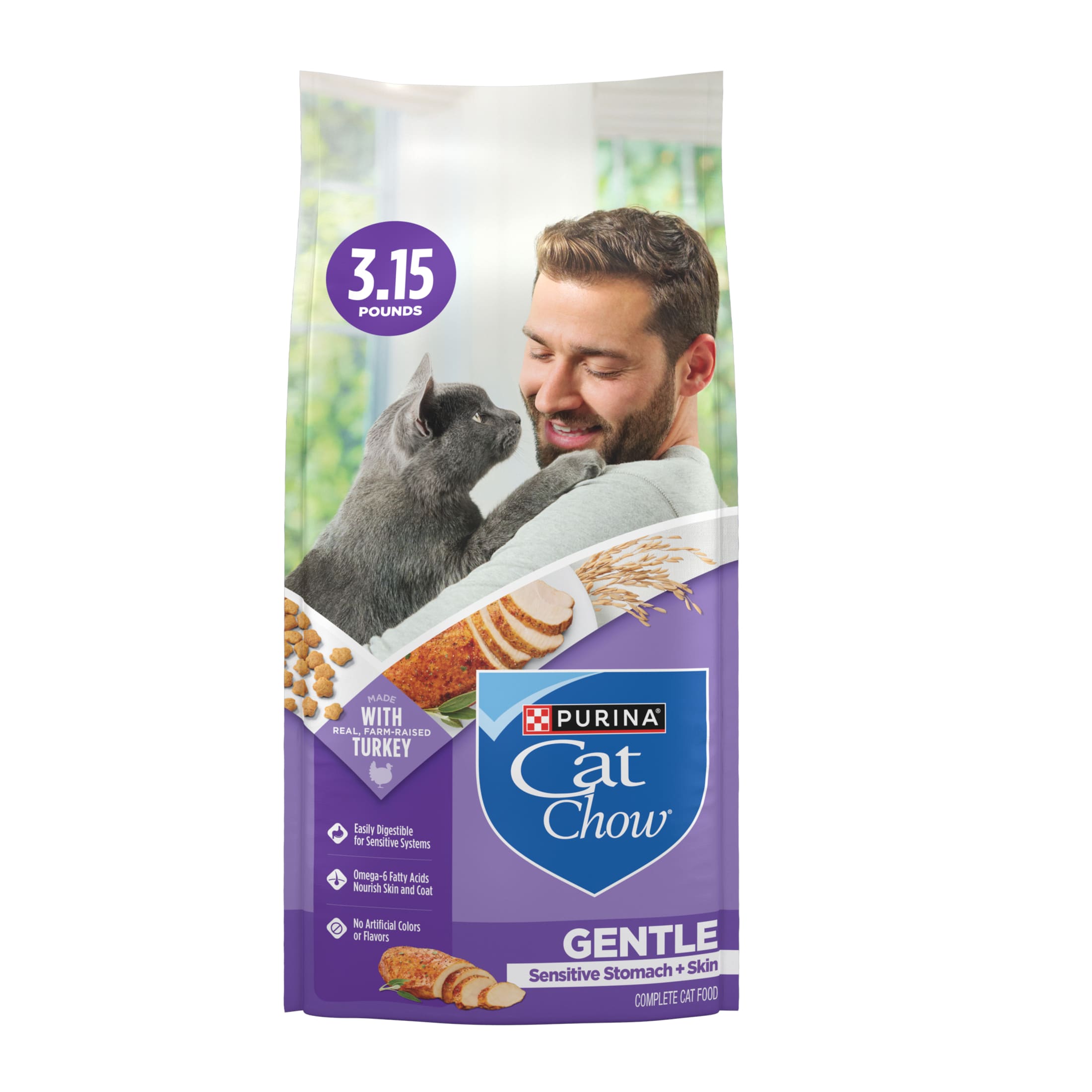 Purina Cat Chow Gentle Sensitive Stomach and Skin Dry Cat Food, Whole Grain, 3.15 lb Bag
