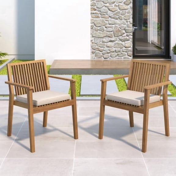 Waterproof Patio Chairs Set of 2, Acacia Wood Frame and Beige Cushioned Seats for Outdoor Dining, Garden or Balcony Use