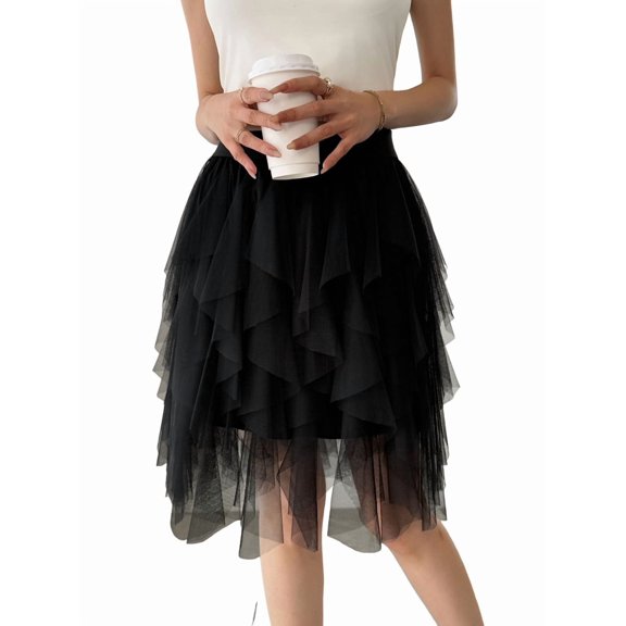Women Tulle Skirts Midi Long Fairy Skirt Tutu A-Line Mesh Layered High Elastic Waist Skirts Black S