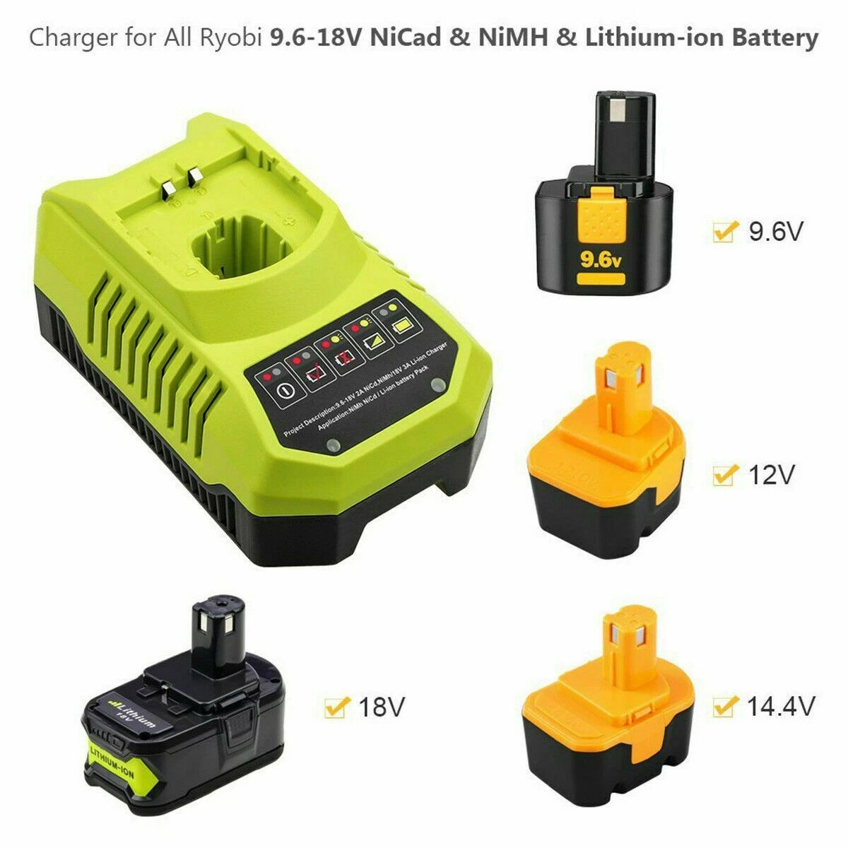 US Plug 18V P117 Fast Charger for Ryobi ONE+ Plus P108 Li-ion Ni-MH Ni-CD Battery P107 P104