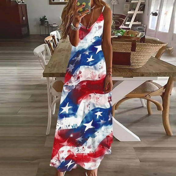 Fartey 4th of July Spaghetti Strap Maxi Dresses for Women Trendy Stars Stripe Print Dress Summer Sleeveless V Neck Dresses Memorial Day Patriotic Dress Multicolor XXXL