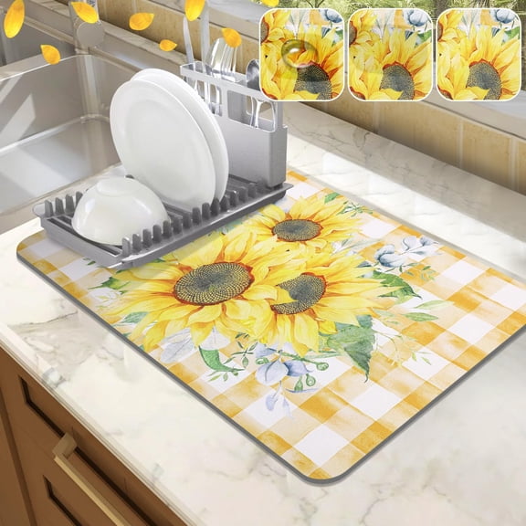 Dish Drying Mat for Kitchen Counter, 12"x20" Absorbent Coffee Bar Mat with Sunflowers, Vintage Floral Dish Drainer Rack Mats for Kitchen Counter Coffee Maker Pot Dining Room Decoration