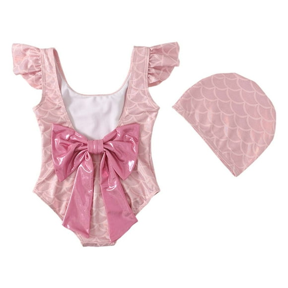 Maillot une Pièce pour Fillette, Style de Bain Mignon avec Nœud, Adorable, Été, Plage, Maillot de Bain pour Filles, Rose, 4-5 Ans