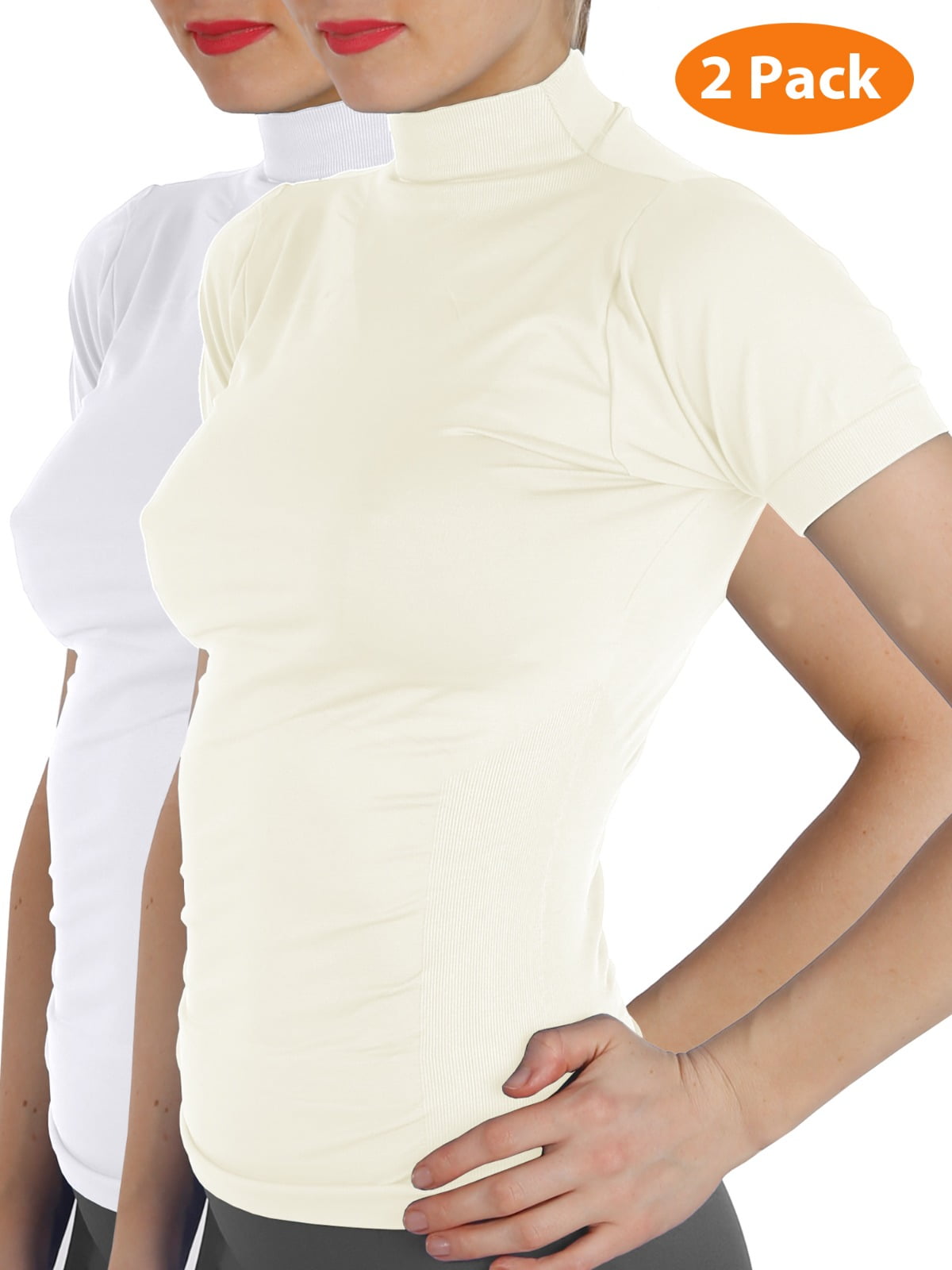 2 Pack Women Short Sleeves Mock Neck Turtleneck Shirts Stretchy Side