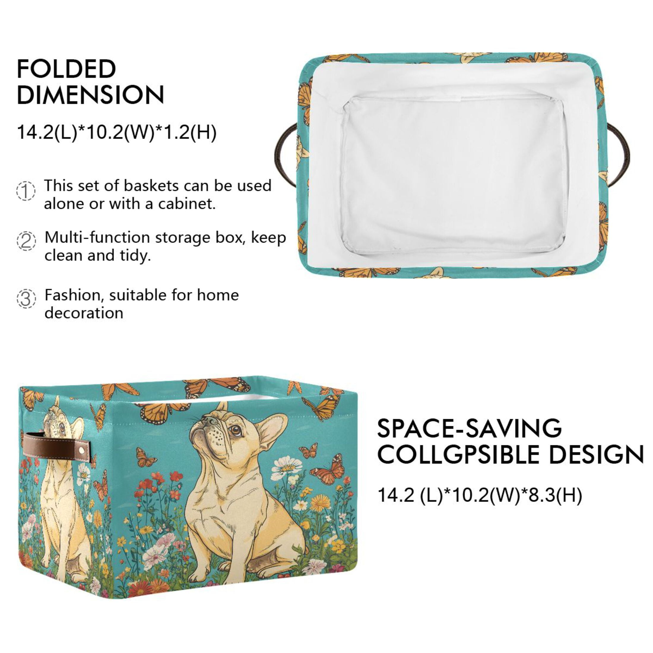 Ryvnso Dog Butterfly Floral Storage Basket Large Bin Foldable Boxes Toys Organizer 14.2x10.2x8.3in 2 PCs