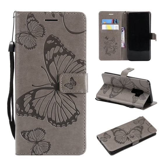 S9 Case, Samsung Galaxy S9 Case - Allytech Premium Wallet PU Leather with Fashion Embossed Floral Butterfly Magnetic Clasp Card Holders Flip Cover with Hand Strap, Gray