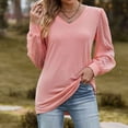 thumbnail image 3 of UTSJKR Ladies Mesh Patchwork Tunics Blouses 2024 Fashion Elegant Solid Shirts V Neck Blouses Comfy Loose Fit Tops Fall Basic Puff Long Sleeve Tunic Tops Pink XL, 3 of 4