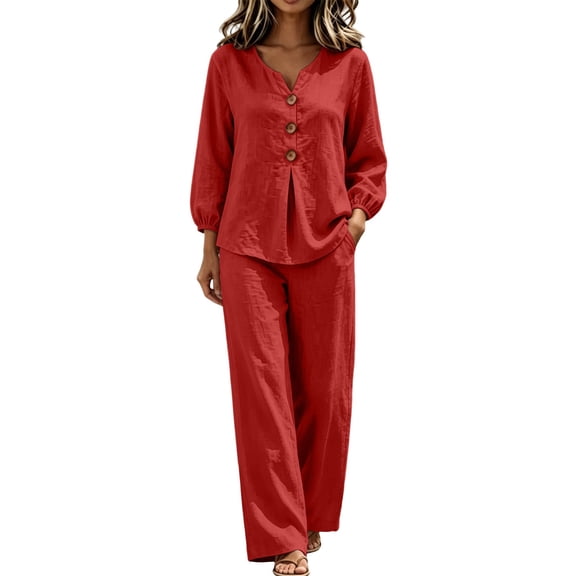 Wenini Women's 2 Piece Set V Neck Button down Top High Waist Wide Leg Pants Casual Loungewear Vacation Outfit