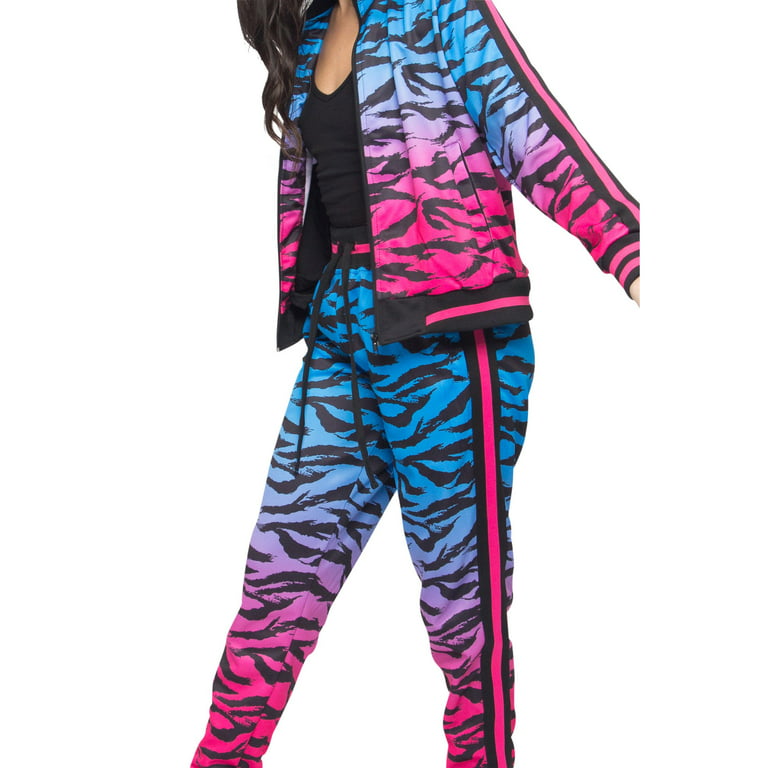 Victorious Women's Ombre Gradient Tiger Stripe 2 Piece Tracksuit Set -  Sweatshirt Jacket and Sweat Pants VL215 - Pink - Small 