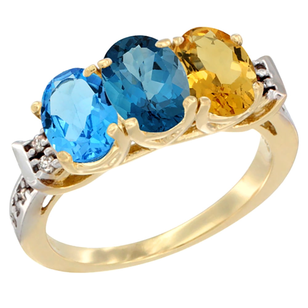 10K Yellow Gold Natural Swiss Blue Topaz, London Blue Topaz & Citrine Ring 3-Stone Oval 7x5 mm Diamond Accent, sizes 5... by WorldJewels