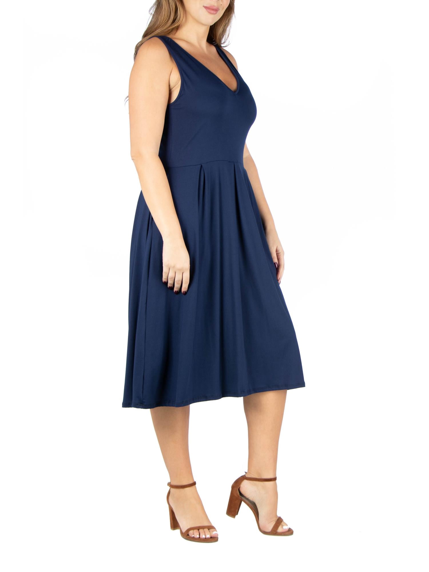 24seven Comfort Apparel Plus Size Sleeveless Midi Fit and Flare Pocket Dress