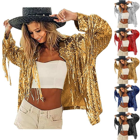 Sequin Fringe Jacket Shiny Disco Cowgirl Outfit Sparkly Theme Y2K 90s Streetwear Jacket Glitter Tassel Coat Long Sleeve Open Front Jacket Fall Outfits Black One Size