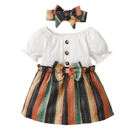 

Kucnuzki Infant Baby Girl Clothes 9 Months Summer Dress 12 Months Short Sleeve Lace Trim Solid Color Upper Striped Skirt Layer Dress Headband 2PCS Set White