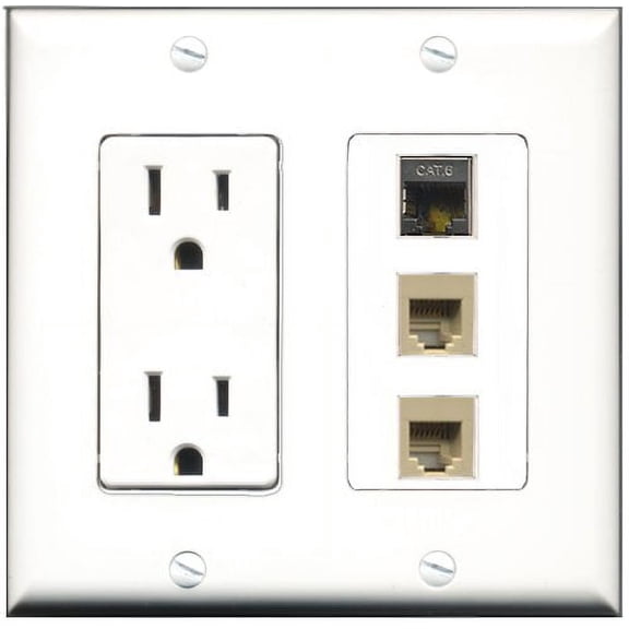 RiteAV - 15 Amp Power Outlet 2 Port Phone Beige 1 Port Shielded Cat6 Ethernet Ethernet Decorative Wall Plate